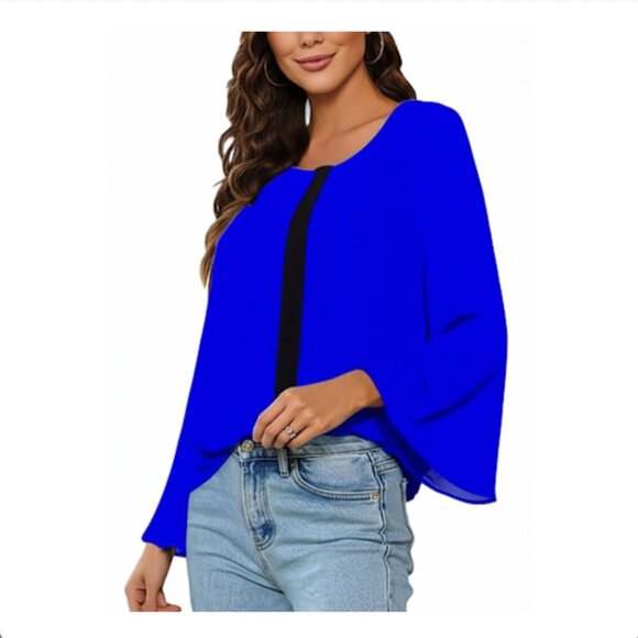 NWT Naked Zebra Royal Blue Chiffon Bell Sleeve Blouse Small - Picture 1 of 7
